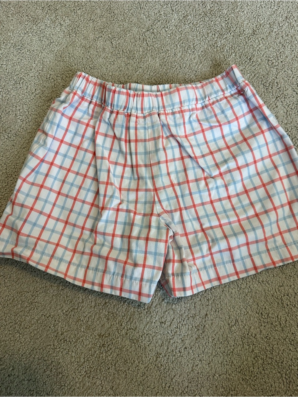 Plaid Elastic-Waist Shorts - White with Red & Blue Check